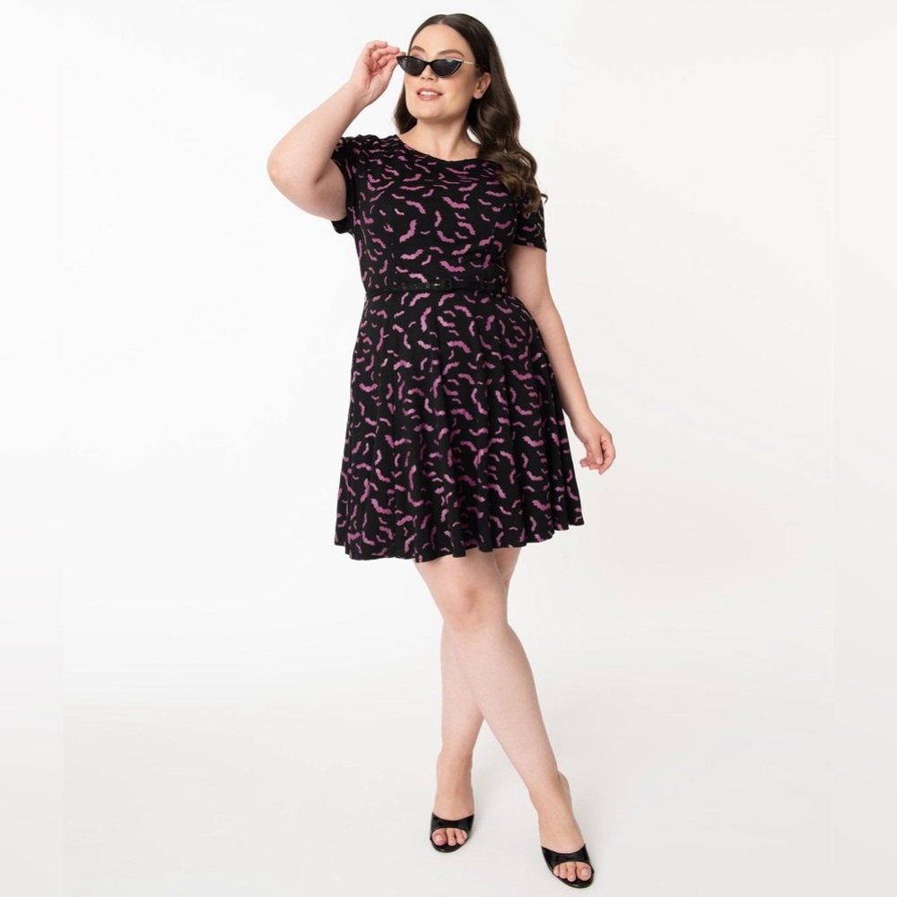Unique Vintage Black & Purple Bats Stephanie Fit And Flare Dress Retro BNWT